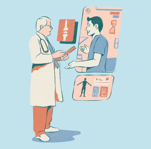 image of a senior doctor talking to a male patient via a screen. 