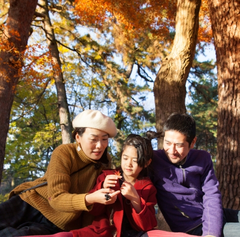 Image of young Asian family under a tree