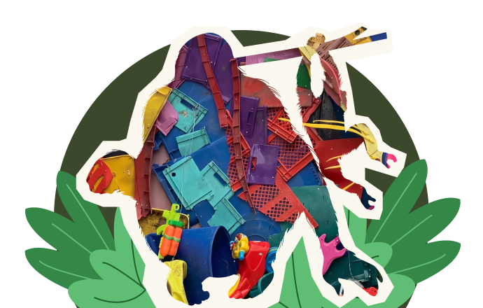 A happy family enjoying time together, alongside tree and recycling symbols representing sustainability and a greener future.