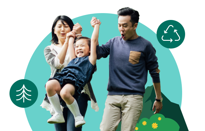 A happy family enjoying time together, alongside tree and recycling symbols representing sustainability and a greener future.